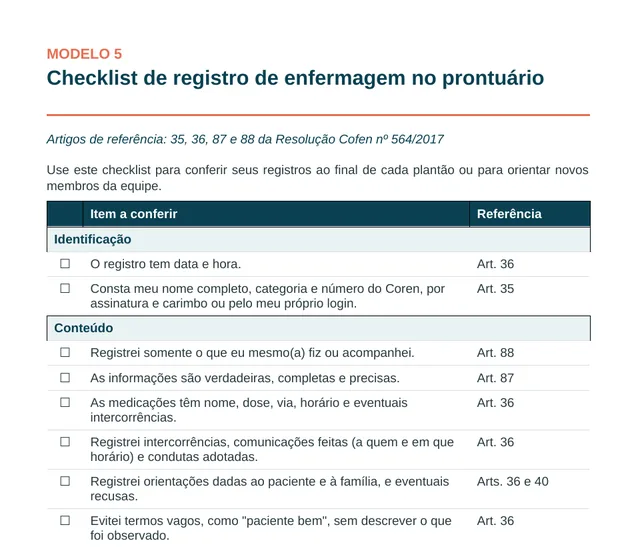 Trecho de uma página do Bônus 2: modelo de checklist de registro no prontuário, em formato de tabela.